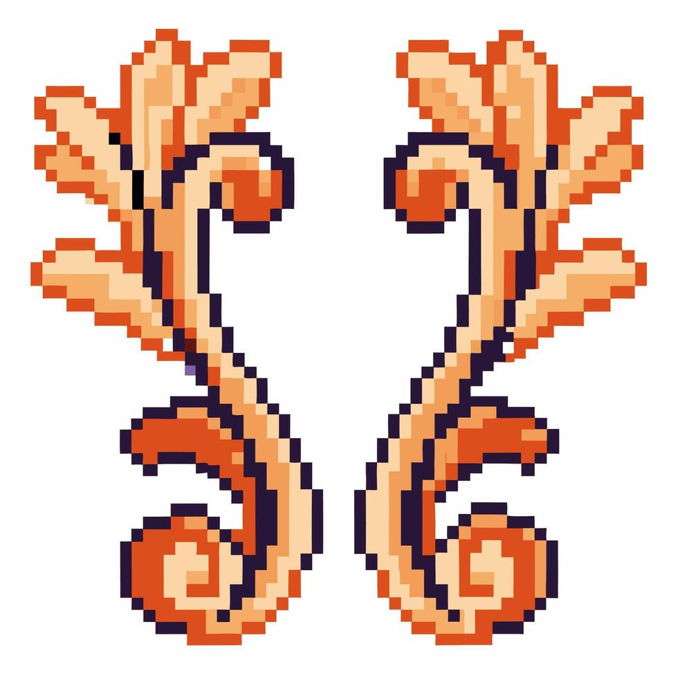 Pixel art ornate floral scrolls symmetrical vintage decorative element, flourish motif, retro baroque embellishment vector
