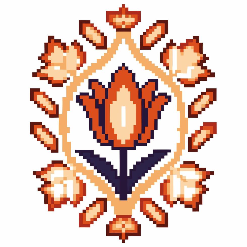 Pixel art tulip flower motif, symmetrical floral decorative pattern pixelated folk design, ornamental vintage textile embroidery vector