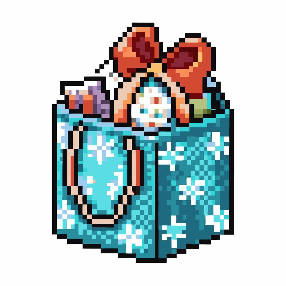 Pixel art blue gift bag with snowflake pattern, festive red bow, assorted wrapped presents for holiday celebration vector