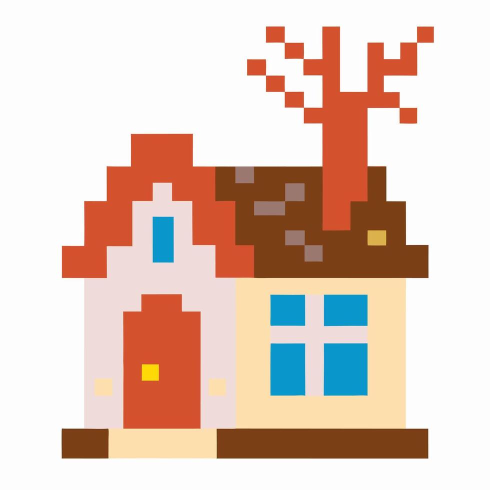 Pixel art autumn house with red roof, brown tree, blue windows cozy home, fall season, minimal retro digital illustration vector