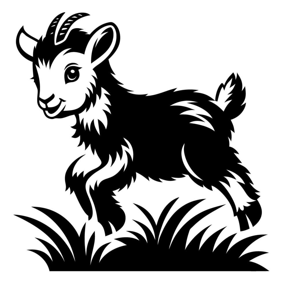 Playful goat illustration black and white baby animal with horns standing on grass, adorable farm mascot design vector