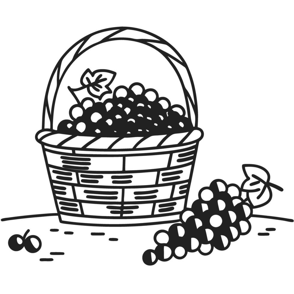 Basket filled with fresh grapes and vine leaves harvest concept, natural fruit abundance, healthy farm food illustration vector