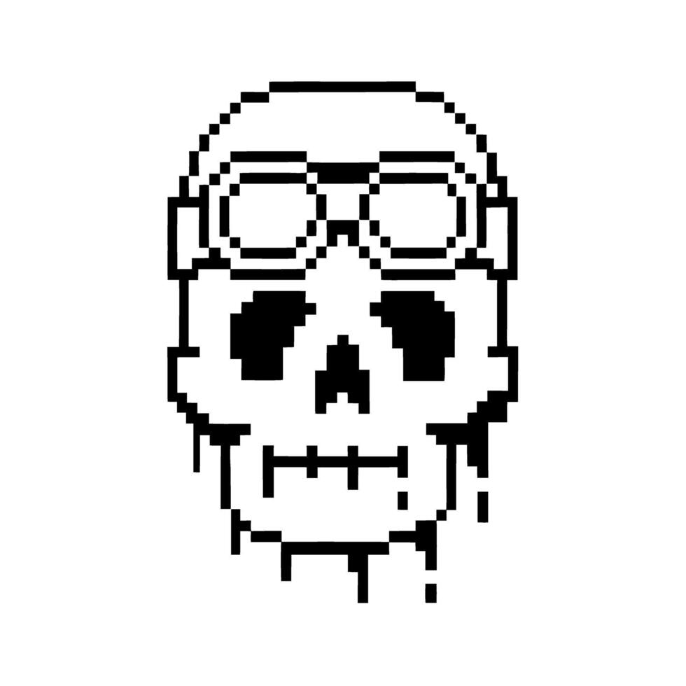 Pixel art skull with goggles, black and white illustration retro 8 bit digital style, minimal graphic design, dripping effect vector