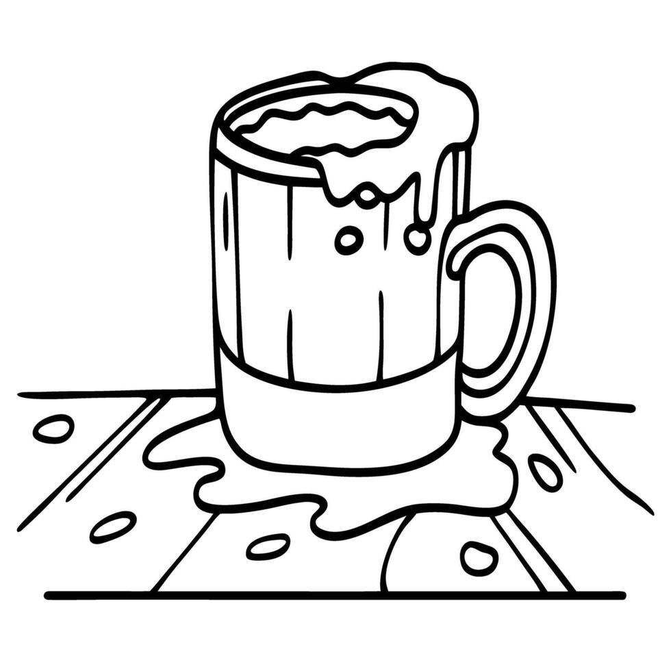 Foaming beer mug with overflowing liquid on wooden table hand drawn black and white beverage illustration vector