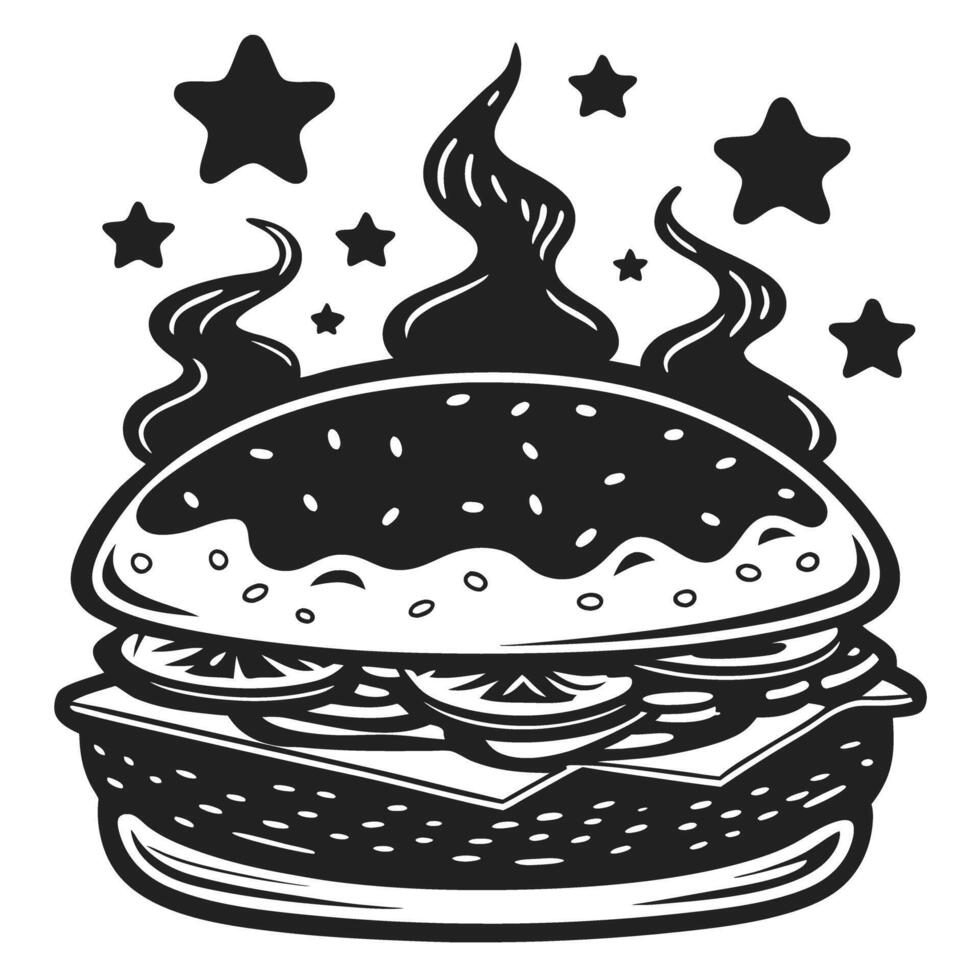 Classic hamburger with lettuce, tomato, cheese and sesame seed bun monochrome fast food meal with steam and stars illustration vector