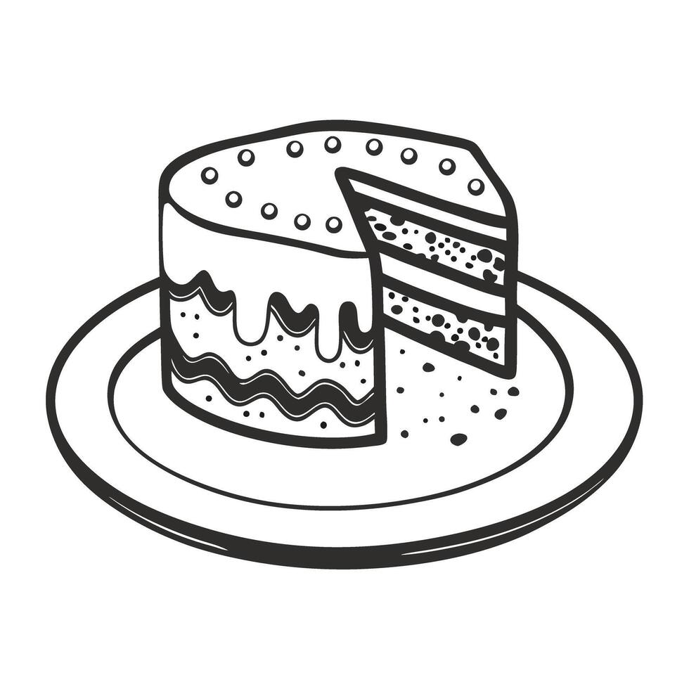 Layered cake with icing and slice on plate, black and white outline dessert, sweet treat, bakery illustration vector
