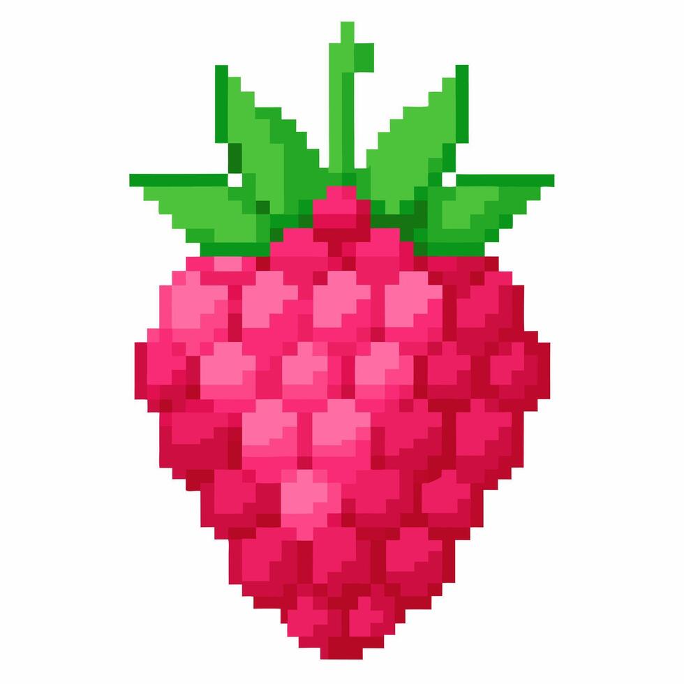 Pixel Art Raspberry Retro 8 Bit Fruit Illustration with Green Leaves vector