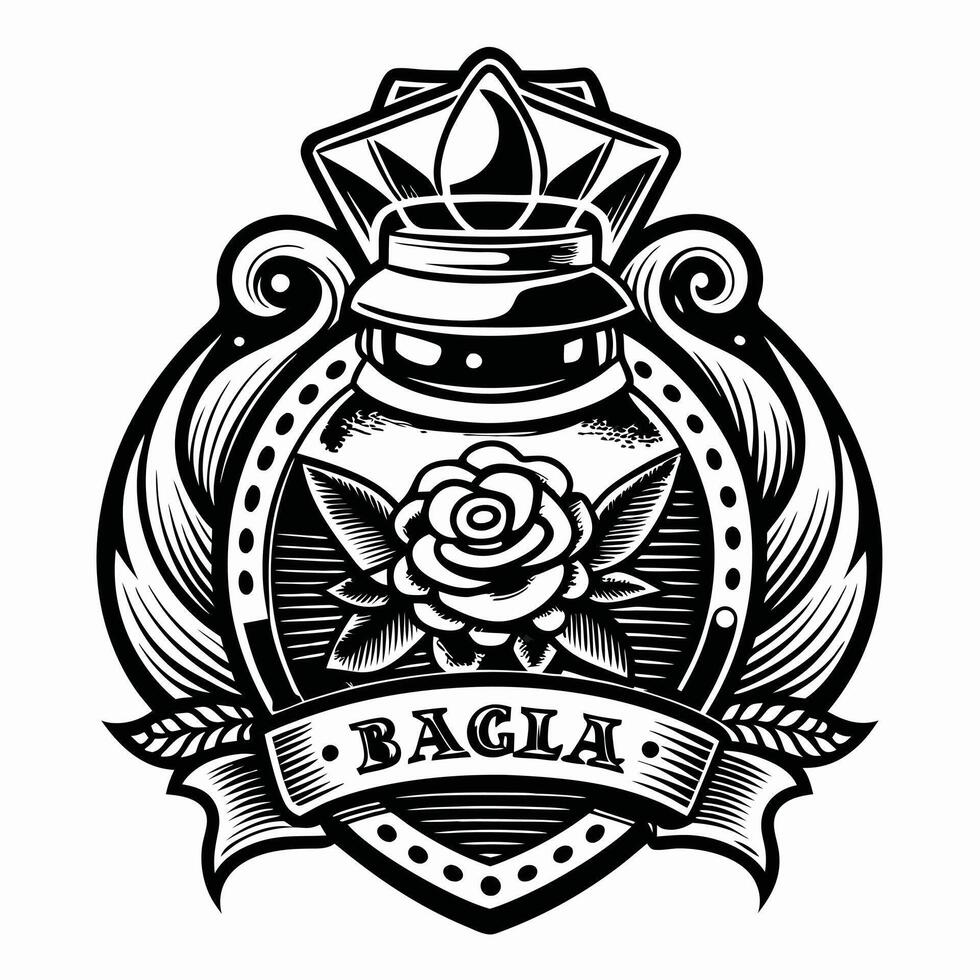 Vintage Tattoo Style Perfume Bottle with Rose and Ornate Design Illustration vector