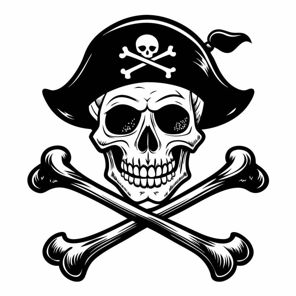 Pirate Skull with Hat and Crossbones in Black and White Illustration vector