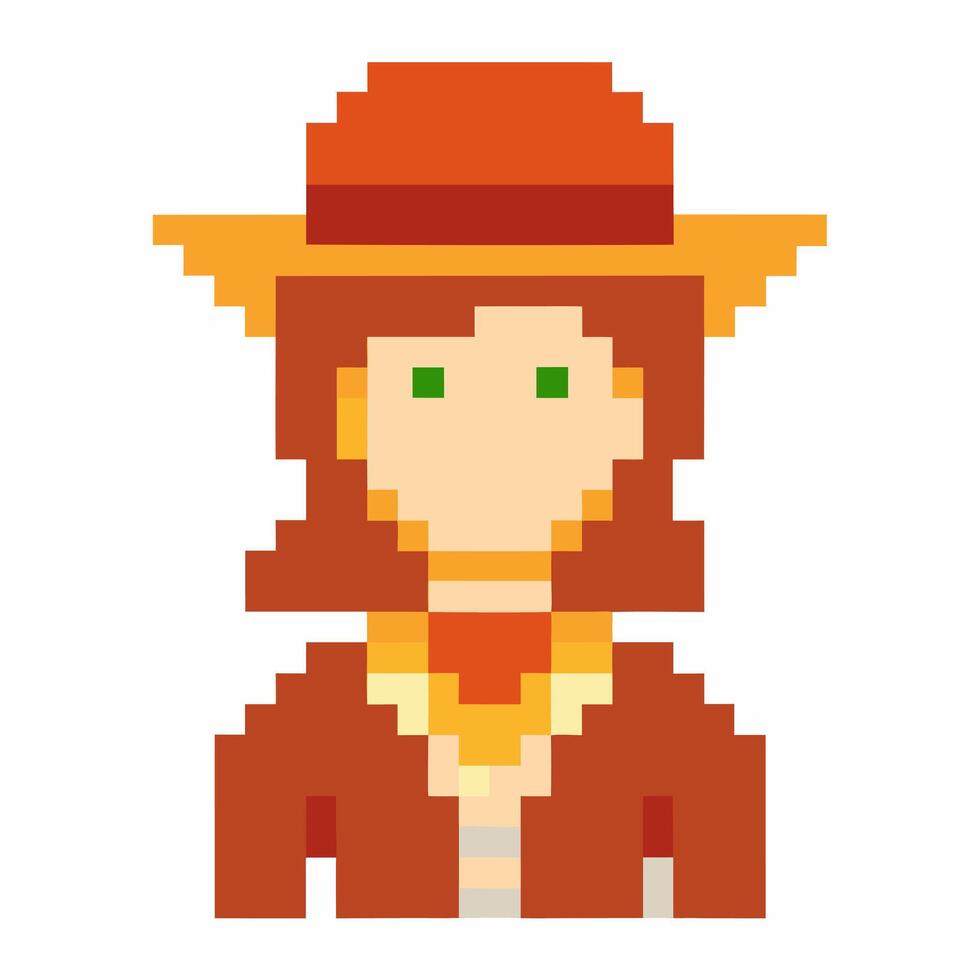 8 Bit Pixel Art Character in Western Attire with Cowboy Hat vector