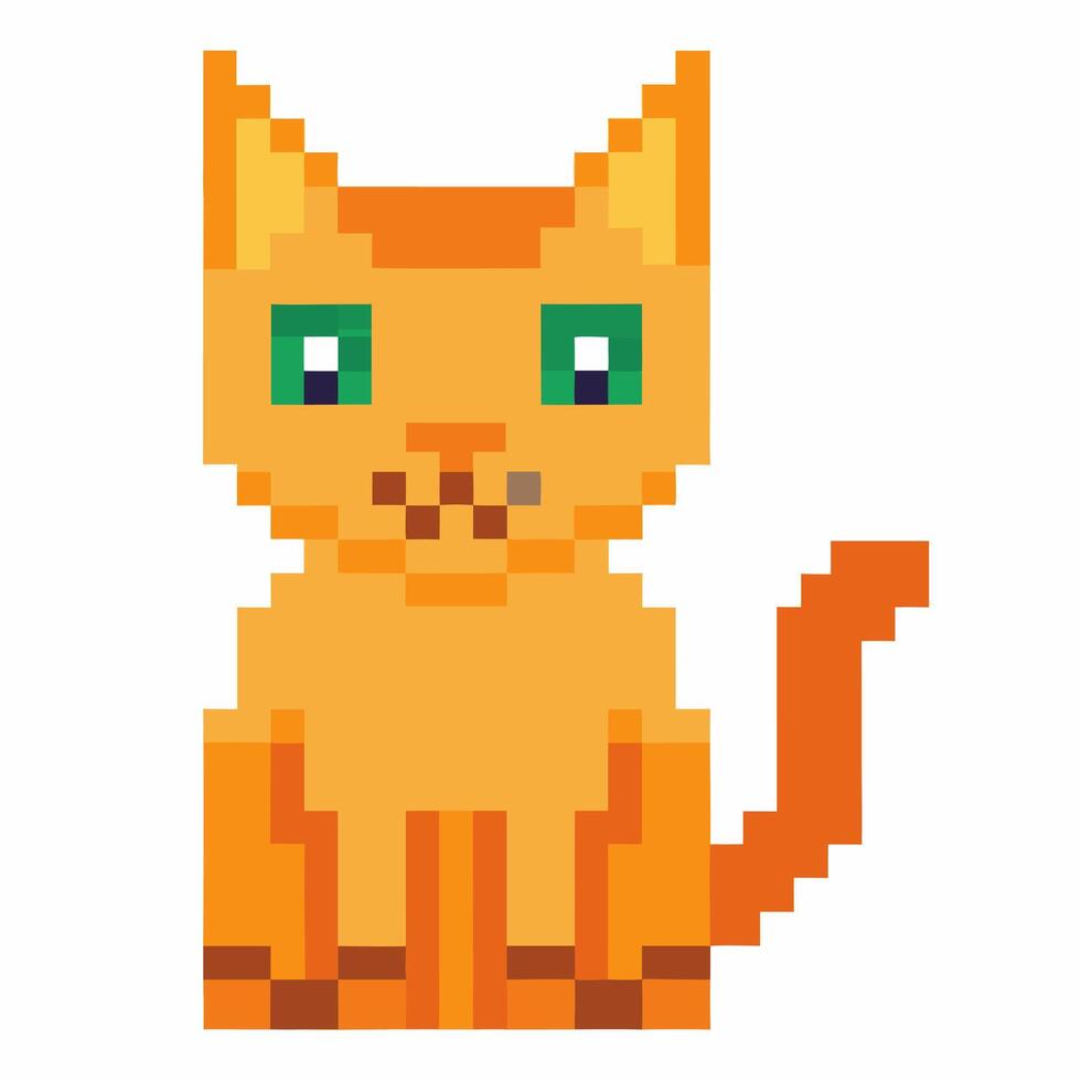 Pixel Art Orange Cat with Green Eyes Retro Digital Feline Illustration vector