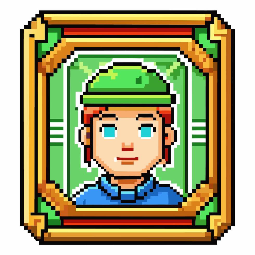 Pixel Art Character Portrait with Green Hat and Blue Shirt Retro 8 Bit Avatar vector