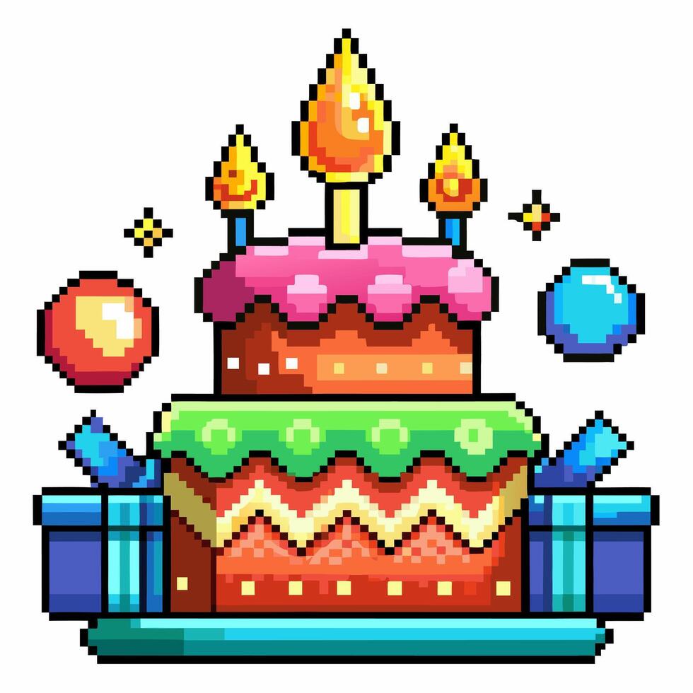 Colorful Pixel Art Birthday Cake with Candles and Gifts in a Retro Style Design vector