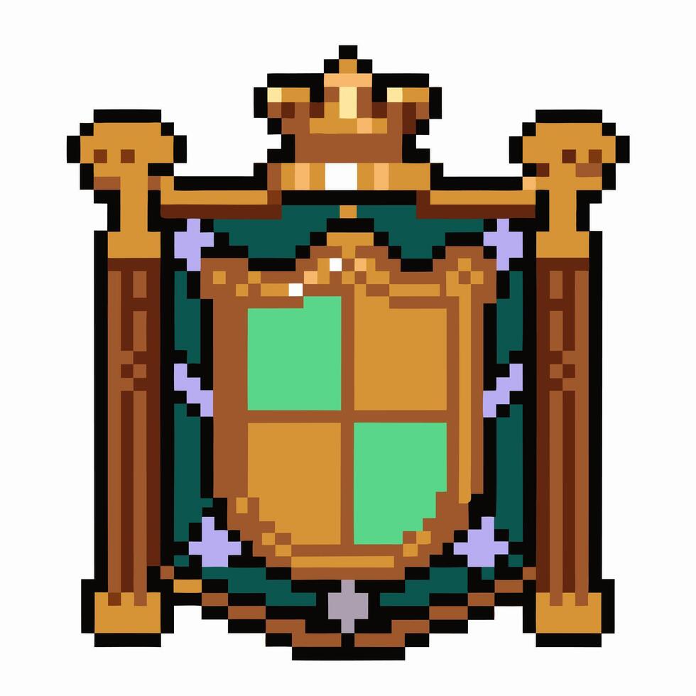 Pixel art royal crest with crown, medieval shield design, vintage emblem, retro gaming style, digital art vector