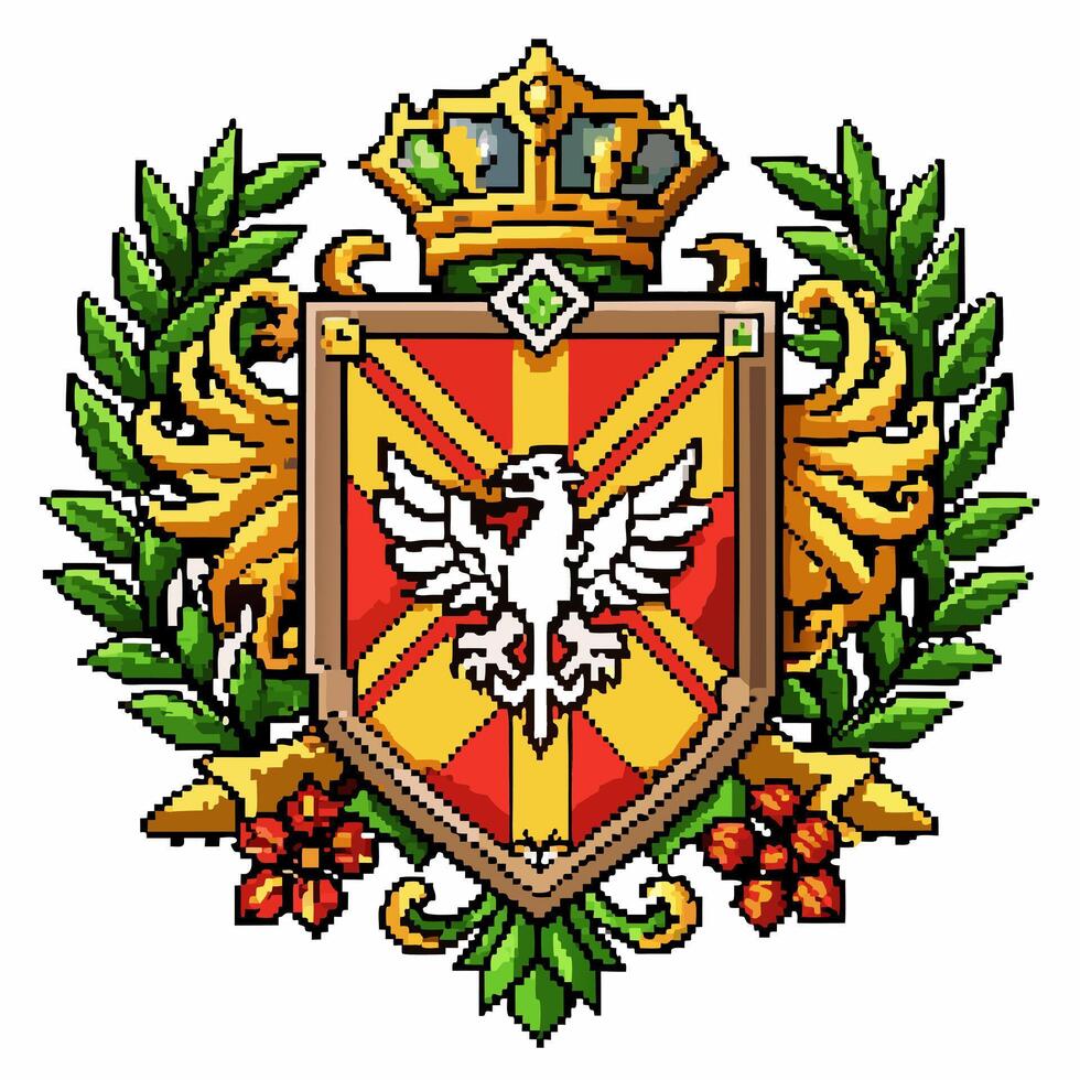 Heraldic Coat of Arms with Crown, Shield, and Eagle in Retro Pixel Art Style vector