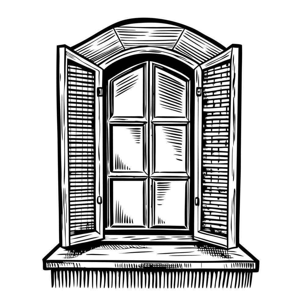 Black and white illustration of an open vintage wooden window with shutters, rustic style, classical architecture, sketch vector