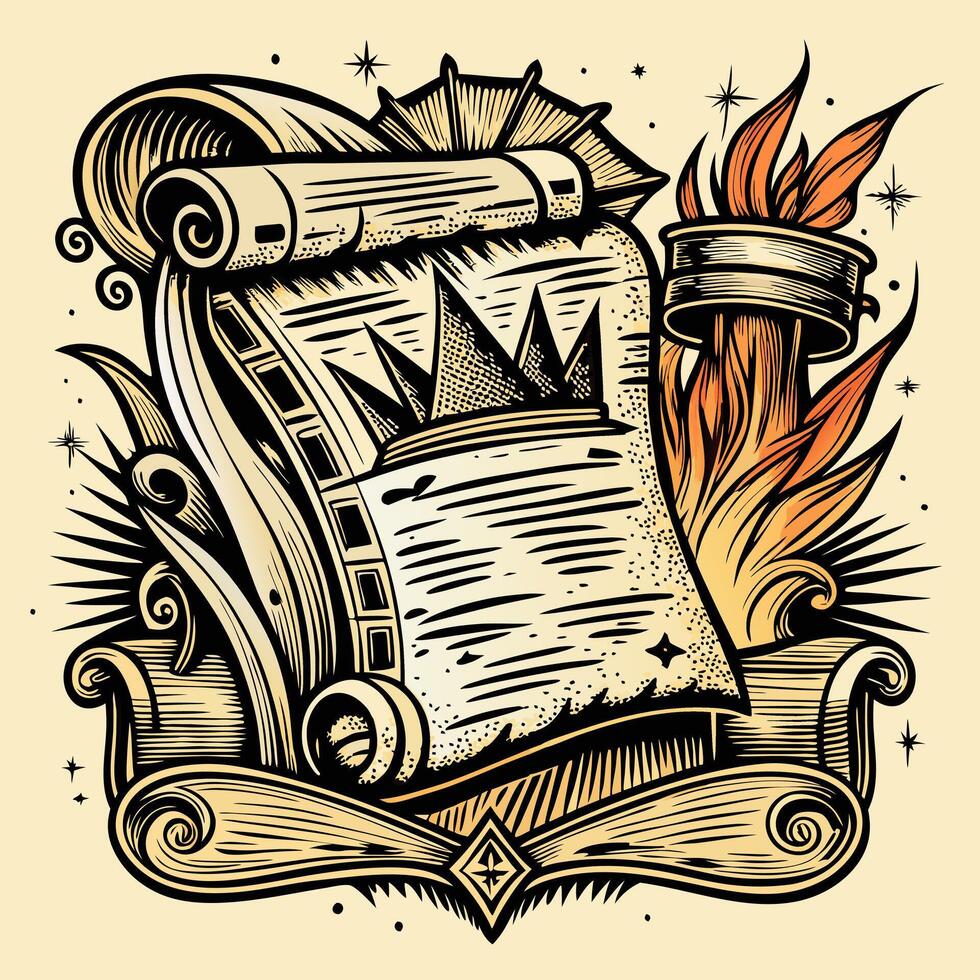 Vintage Scroll and Flame Tattoo Style with Geometric Patterns and Star Accents, Retro Design, Illustration vector