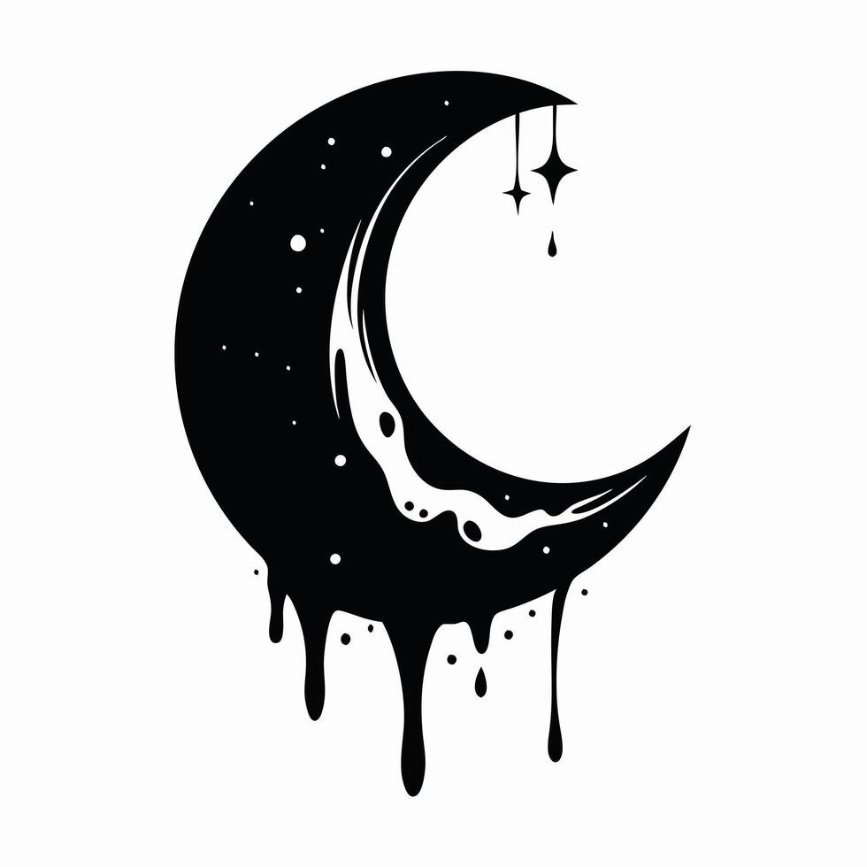 Dripping Crescent Moon with Stars Trendy Black and White Illustration vector