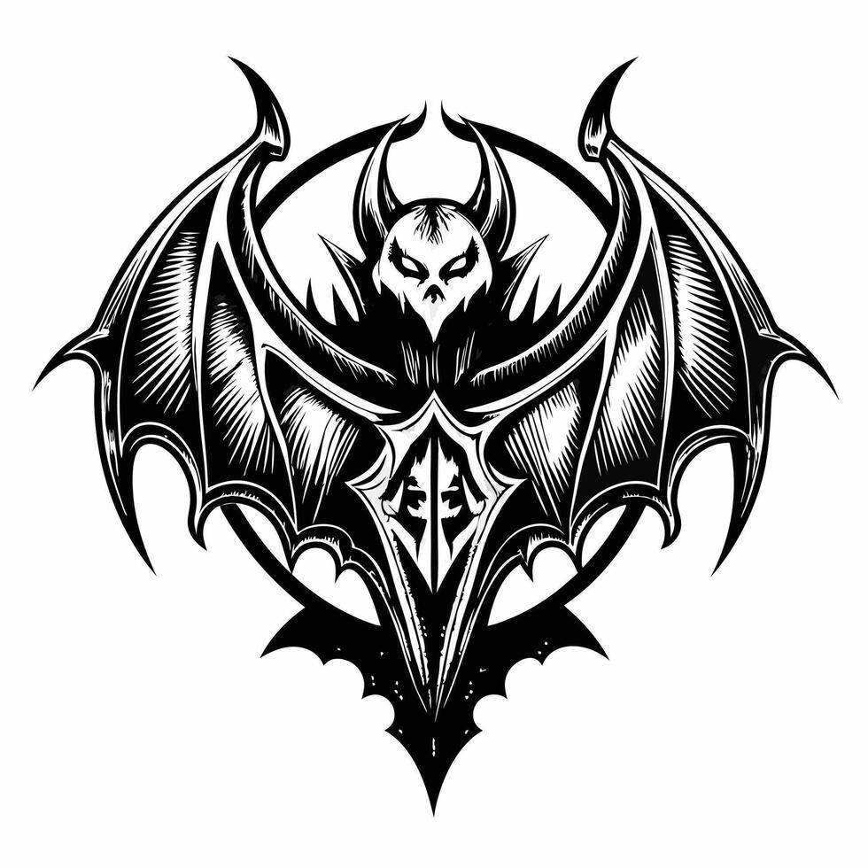 Intricate Gothic Bat Emblem with Demon Elements in Black and White Art vector