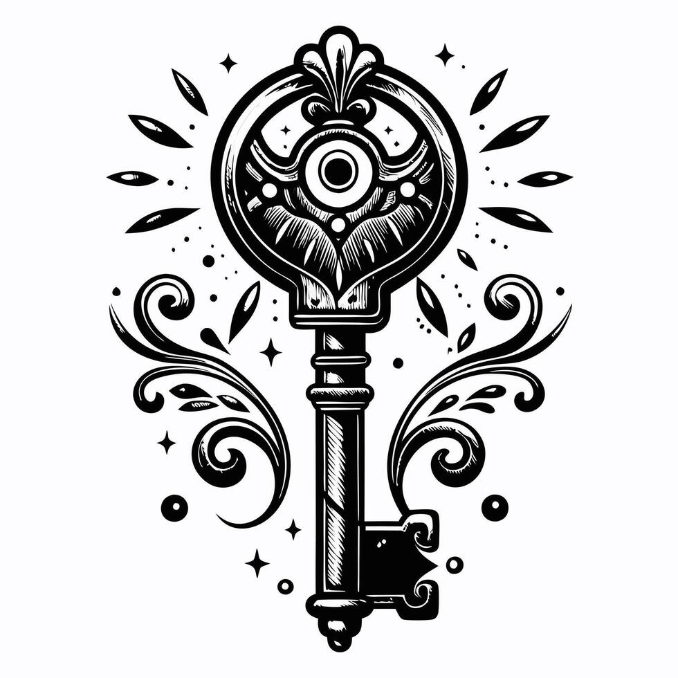 Ornate Vintage Key with Floral Elements and Abstract Patterns in Monochrome Style vector
