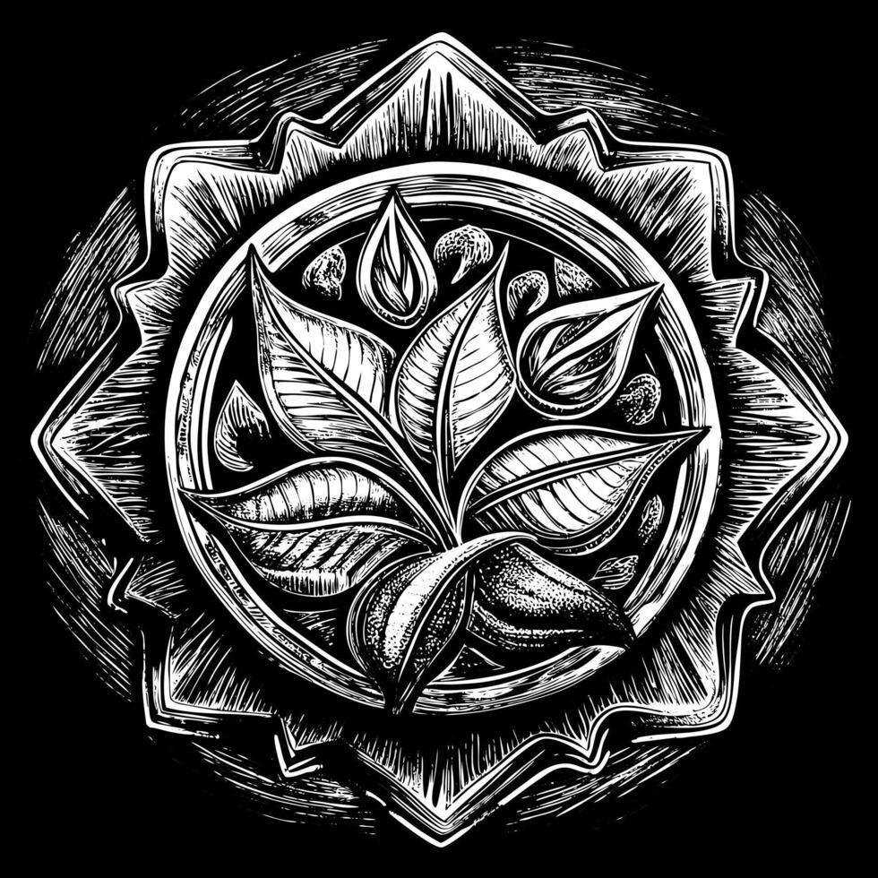Hand Drawn Botanical Mandala with Leaves and Petals in Intricate Black and White Design vector