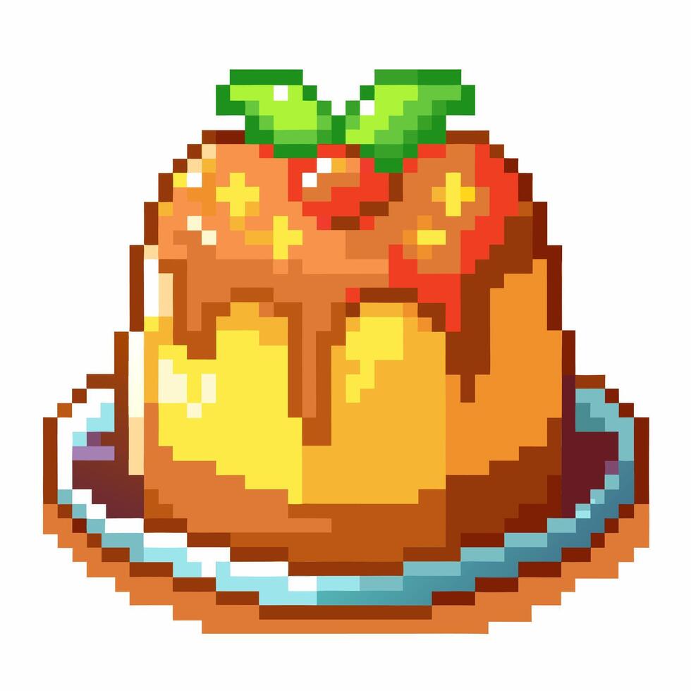 Pixel Art Style Custard Dessert with Fruit Topping and Caramel Drizzle vector