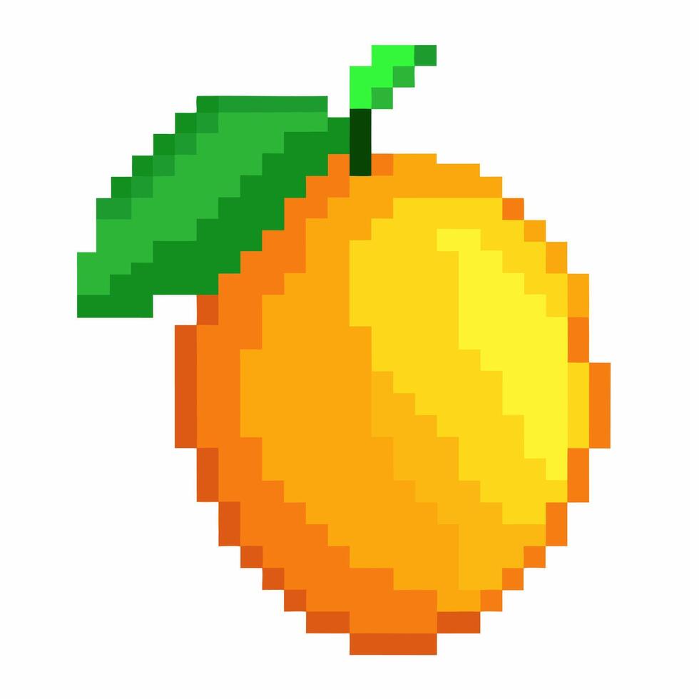 Retro Pixel Art Orange with Green Leaf on White Background Vibrant and Nostalgic Digital Illustration vector