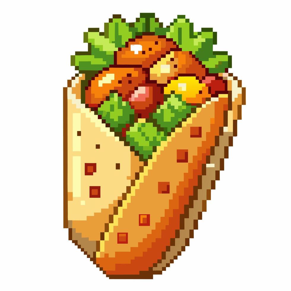 Pixel Art Burrito with Vegetables Nostalgic 8 Bit Food Illustration for Retro Gaming Theme vector