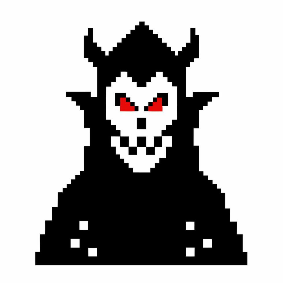 Pixel Art Evil Figure with Red Eyes and Black Cloak vector