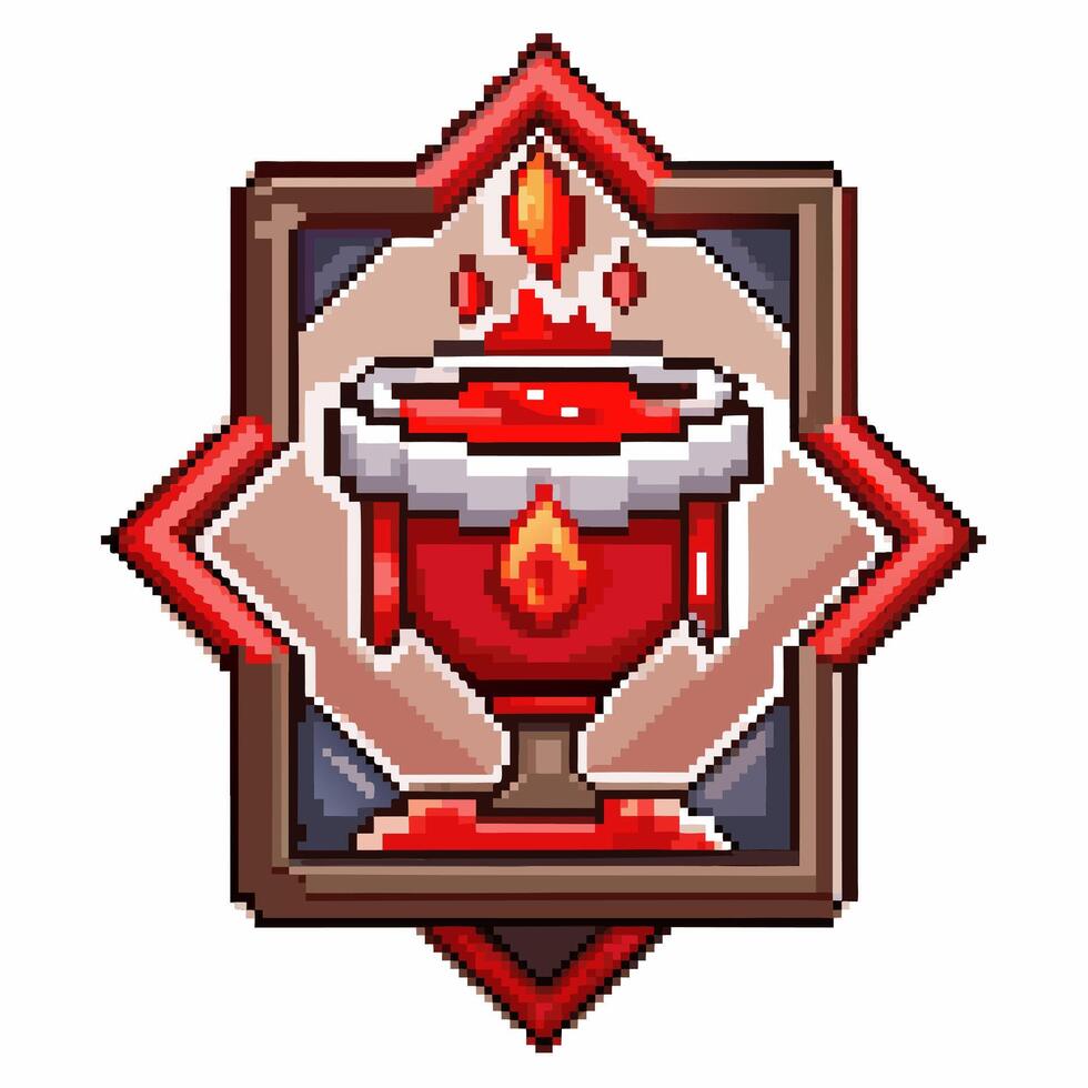 Pixel Art Magic Chalice Icon Retro Game Graphic with Red Liquid and Geometric Frame vector