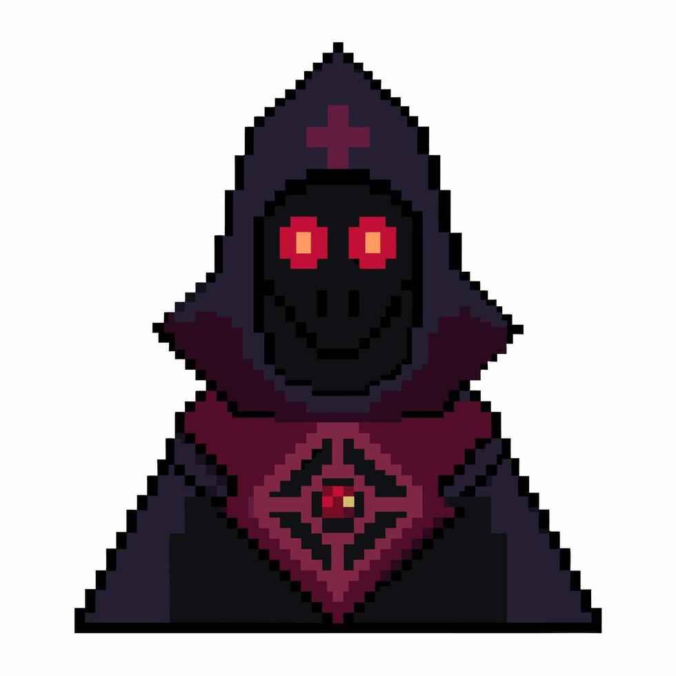 Pixel Art Hooded Figure with Glowing Eyes in Dark Robe Digital Retro Style Illustration vector