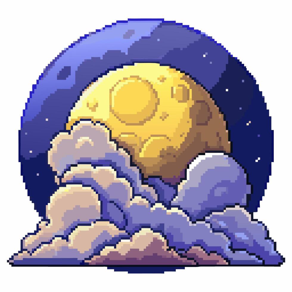Pixel Art Moon and Clouds Illuminated Night Sky Digital Illustration vector
