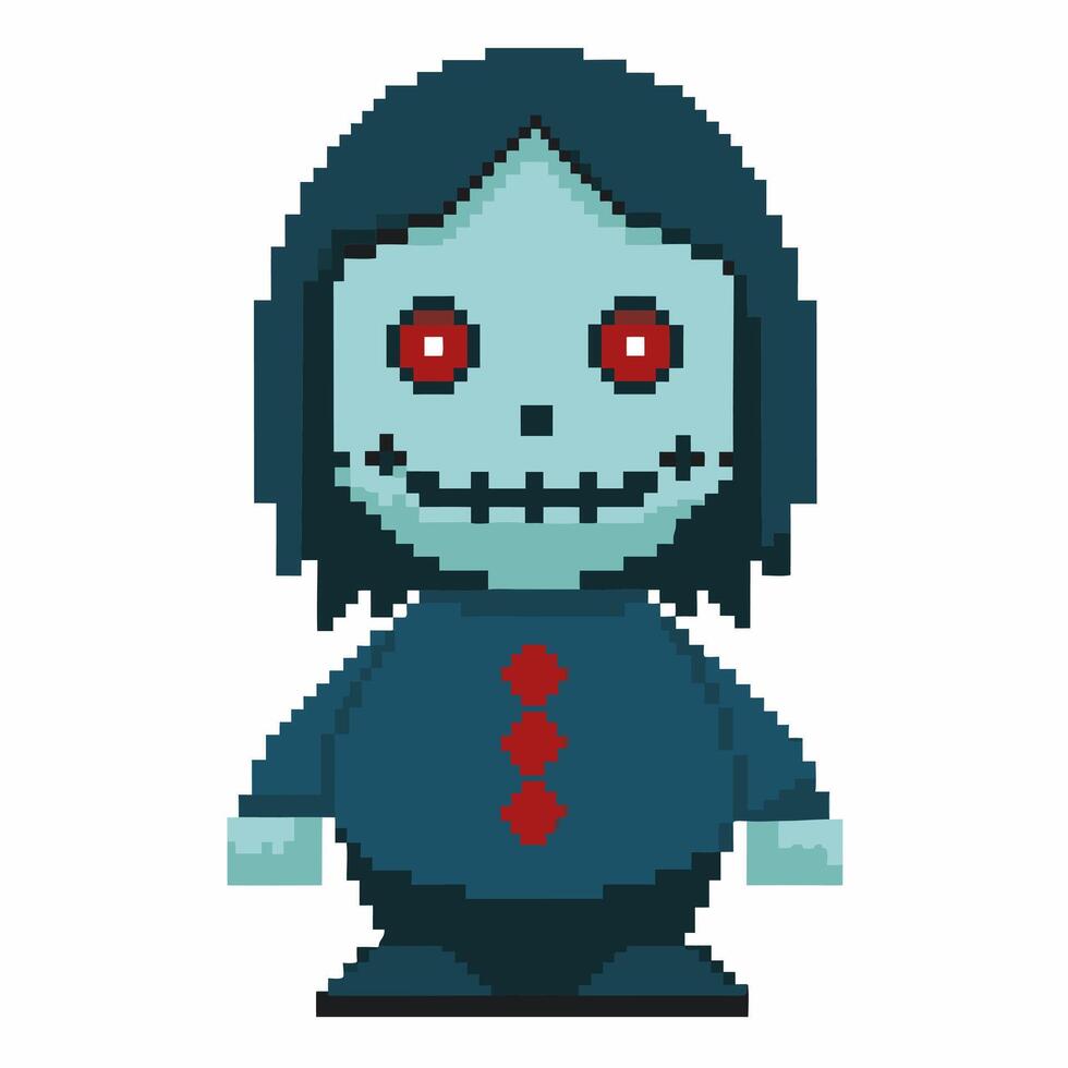 Pixel Art Dark Character with Blue Skin and Red Eyes in a Dark Outfit Halloween and Horror Theme vector