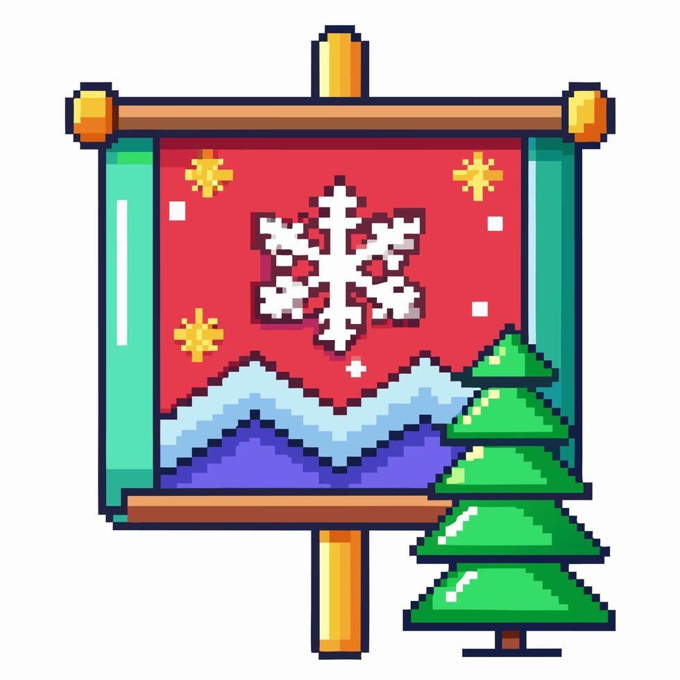 Pixel Art Winter Banner with Snowflake, Mountains, and Christmas Tree vector
