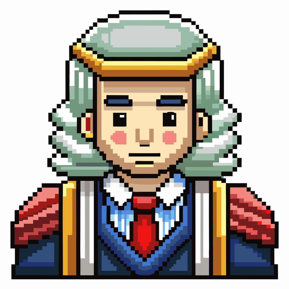Retro Pixel Art Judge Character with Wig and Robe in Classic Gaming Style vector