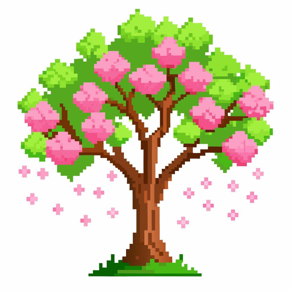 Vibrant Pixel Art Cherry Blossom Tree with Falling Petals in Spring Season vector
