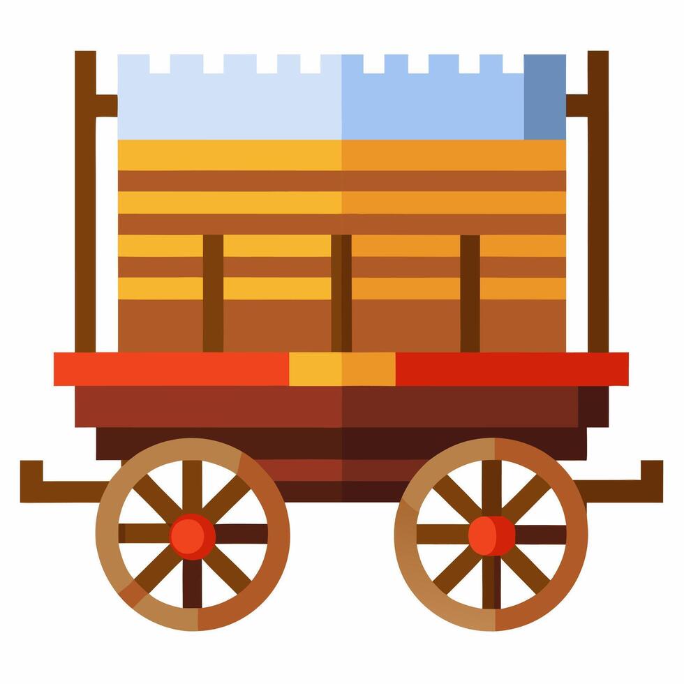 Colorful Wooden Cart Icon with Red and Brown Wheels and Blue Roof Design vector