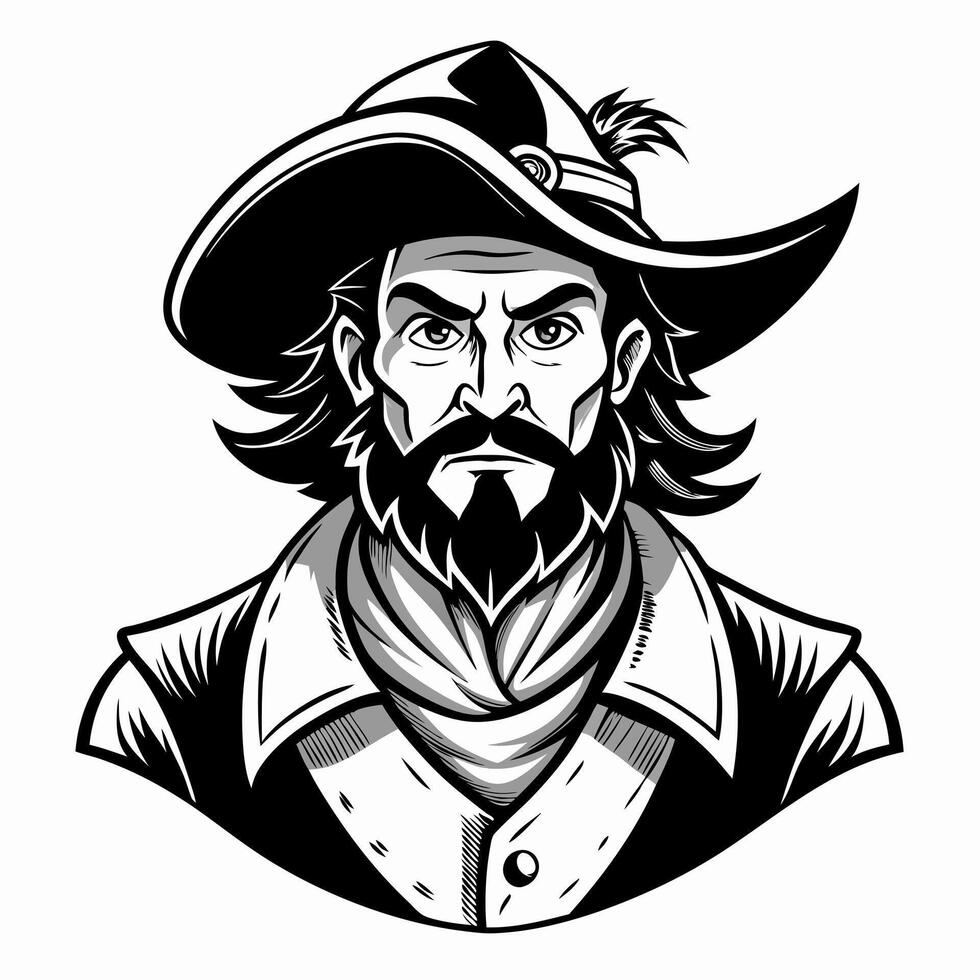 Monochrome Illustration of a Pirate with Hat and Beard in Vintage Style vector