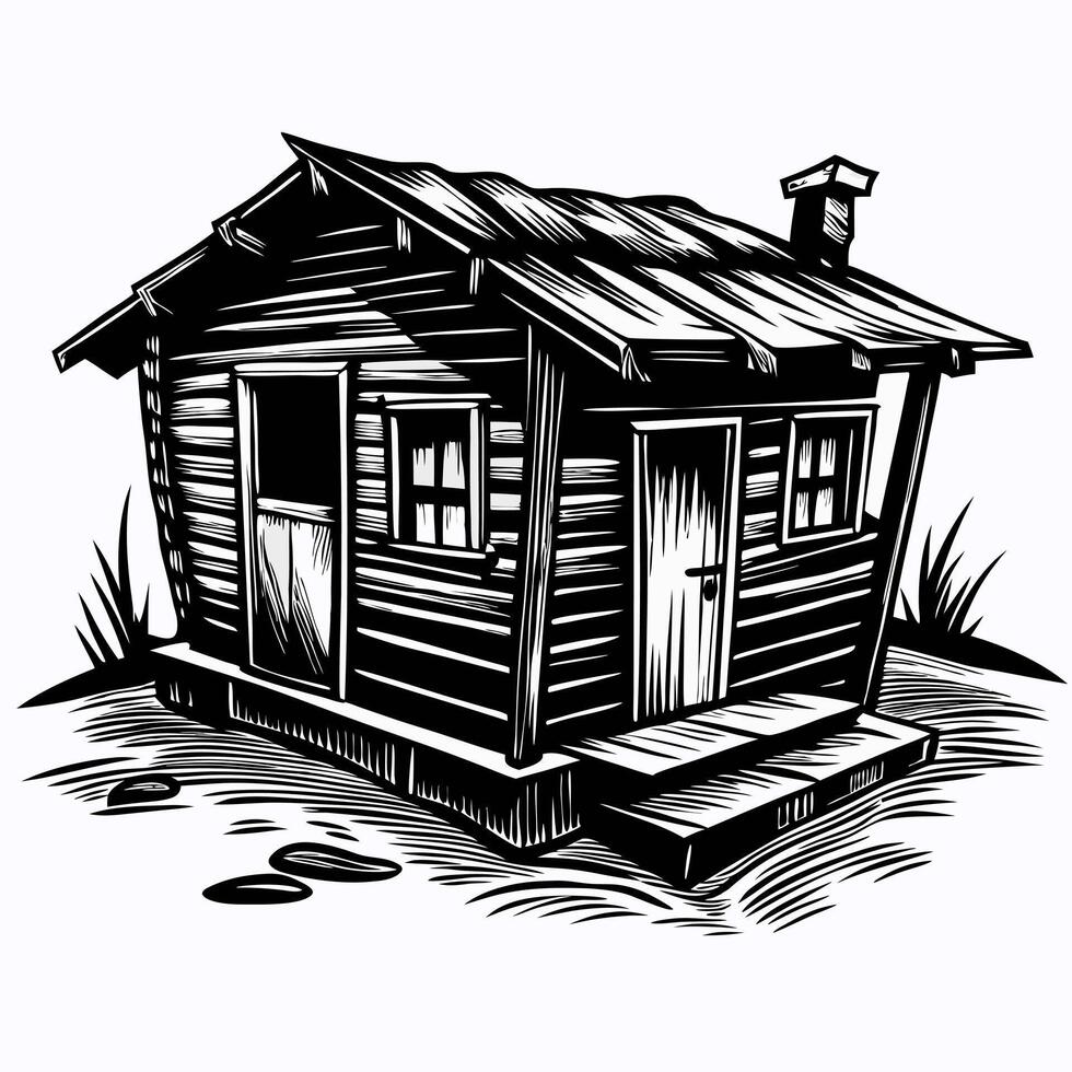 Rustic Wooden Cabin with Vintage Charm and Wooden Texture in Black and White Illustration vector