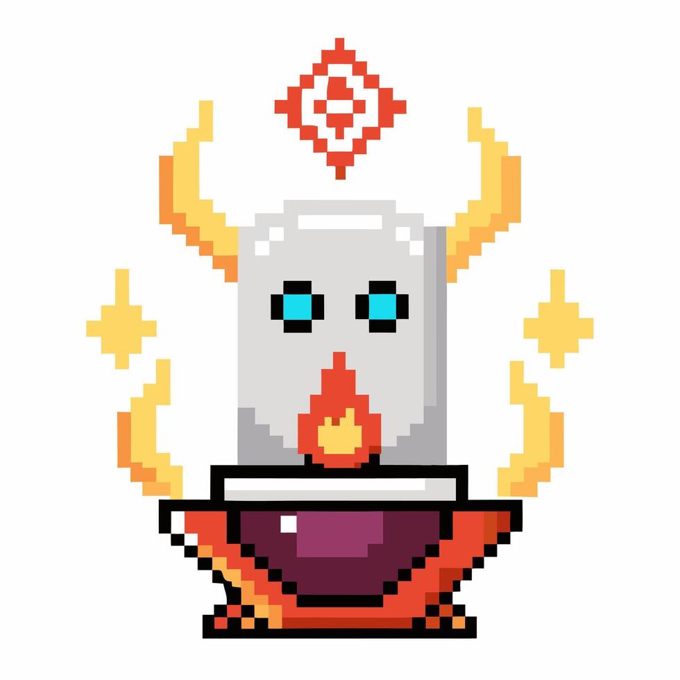 Retro Pixel Art Mystic Skull with Flames and Geometric Symbols on White Background vector