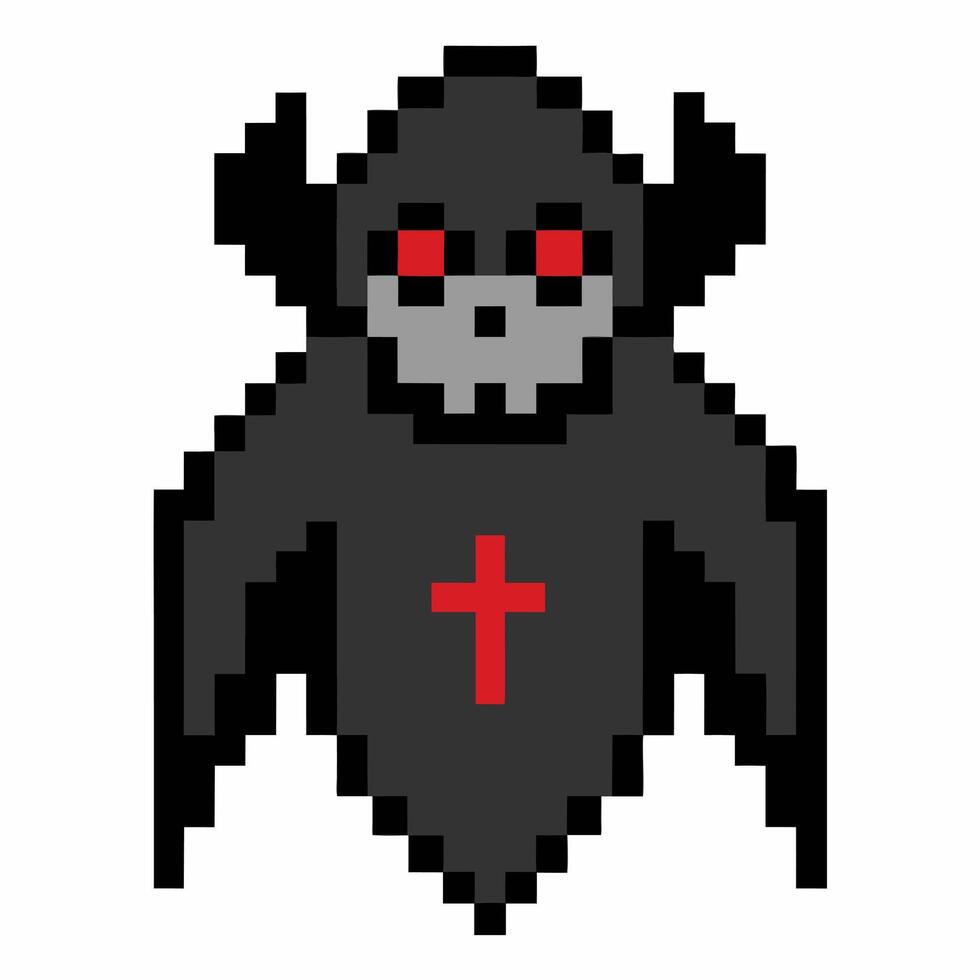 Pixel Art Grim Reaper with Red Eyes and Cross Icon Design vector