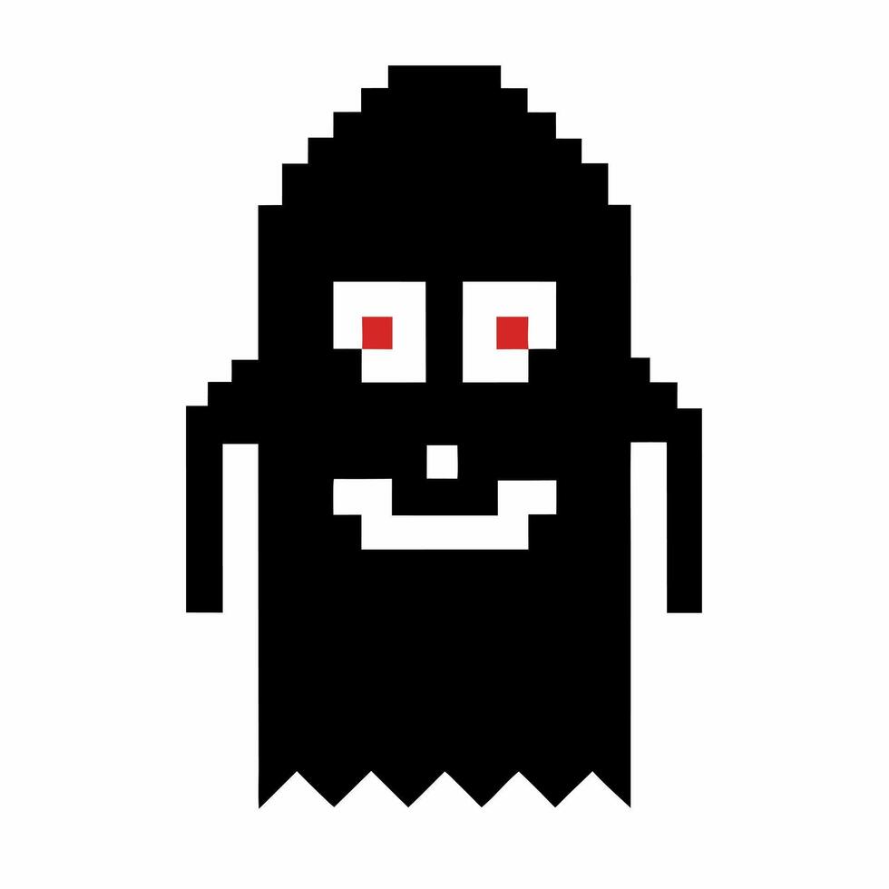 Pixelated Black Ghost with Red Eyes in Retro 8 Bit Style on White Background vector