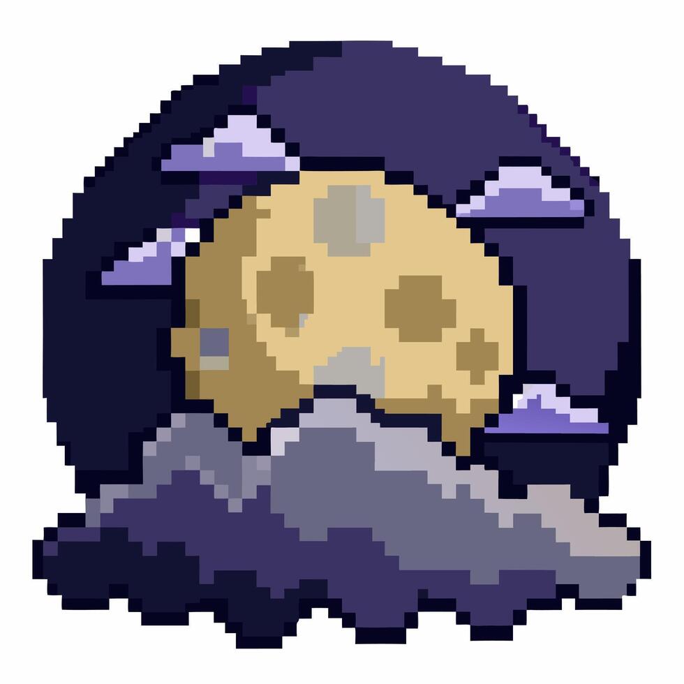 Pixel Art Full Moon with Clouds and Mountains Nostalgic 8 bit Night Scene vector