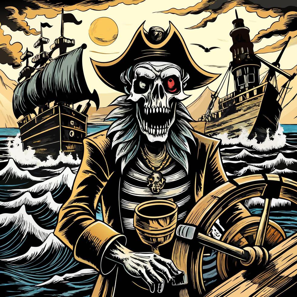 Menacing Pirate Skeleton Navigating Ghostly Ships on Rough Seas at Dusk vector