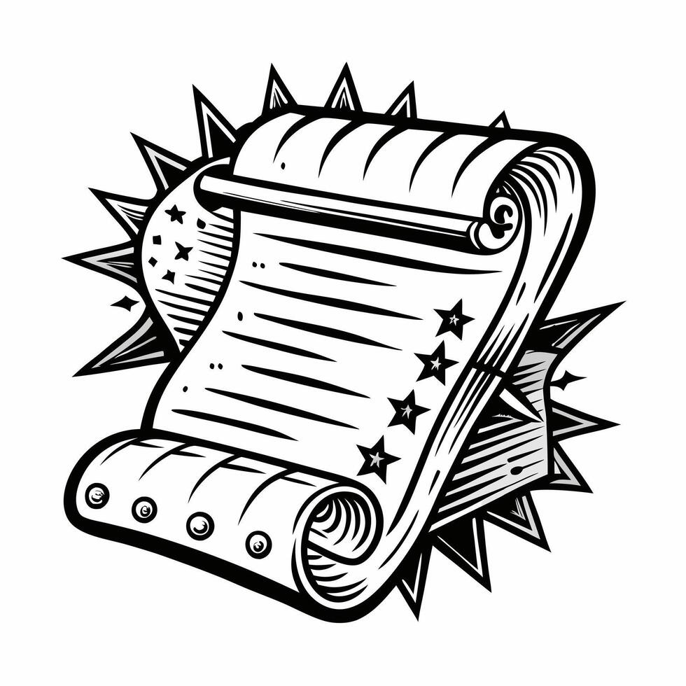 Vintage Scroll with Stars and Spikes Illustration in Black and White vector