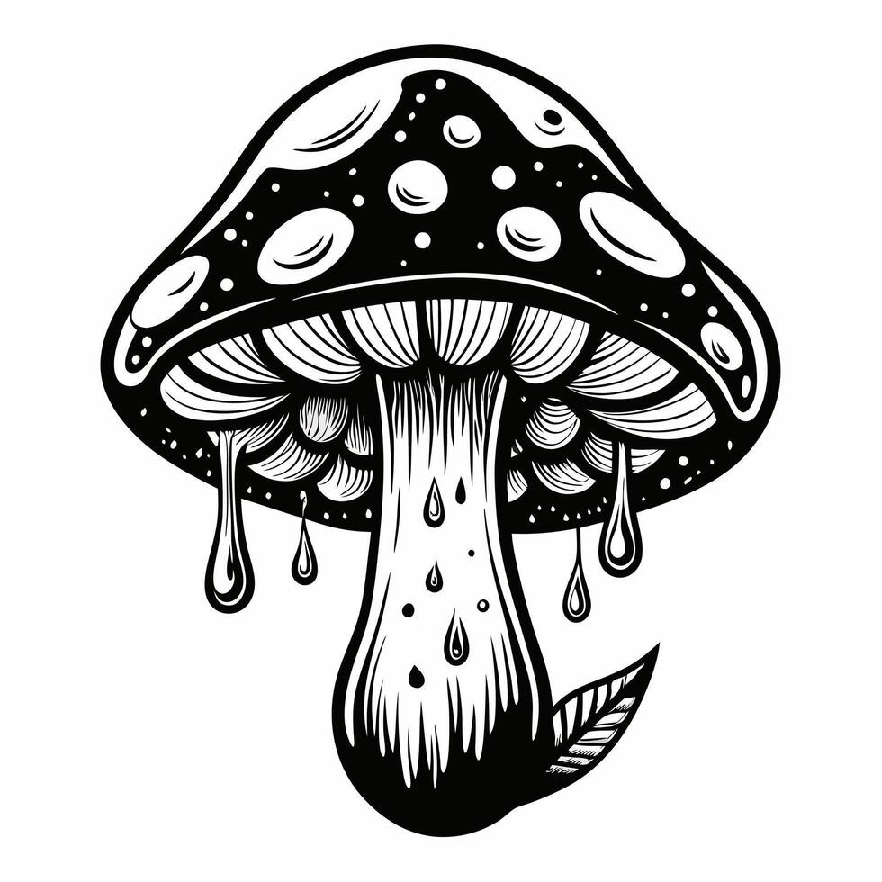Intricate black and white illustration of a dripping mushroom with a leaf accent vector