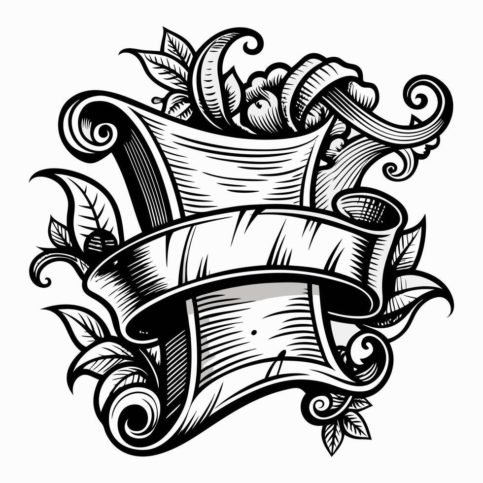 Intricate Banner Scroll with Ornate Floral Design in Black and White Illustration vector