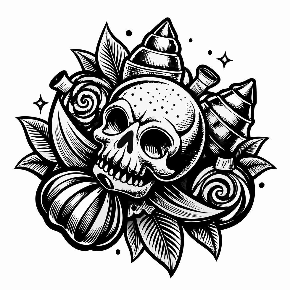 Skull and seashells with floral designs in detailed black and white illustration vector
