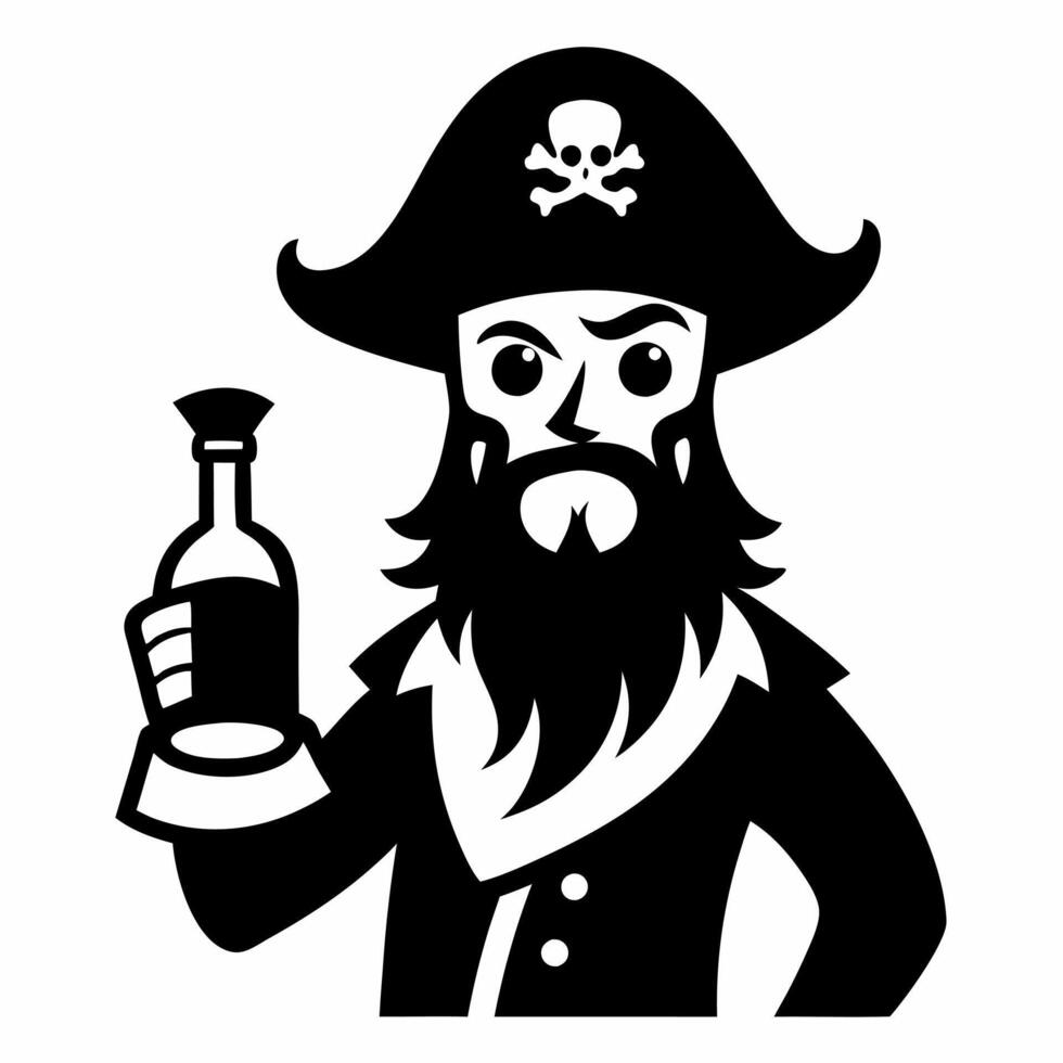 Pirate Character with Beard Holding Bottle in Black and White Clipart vector