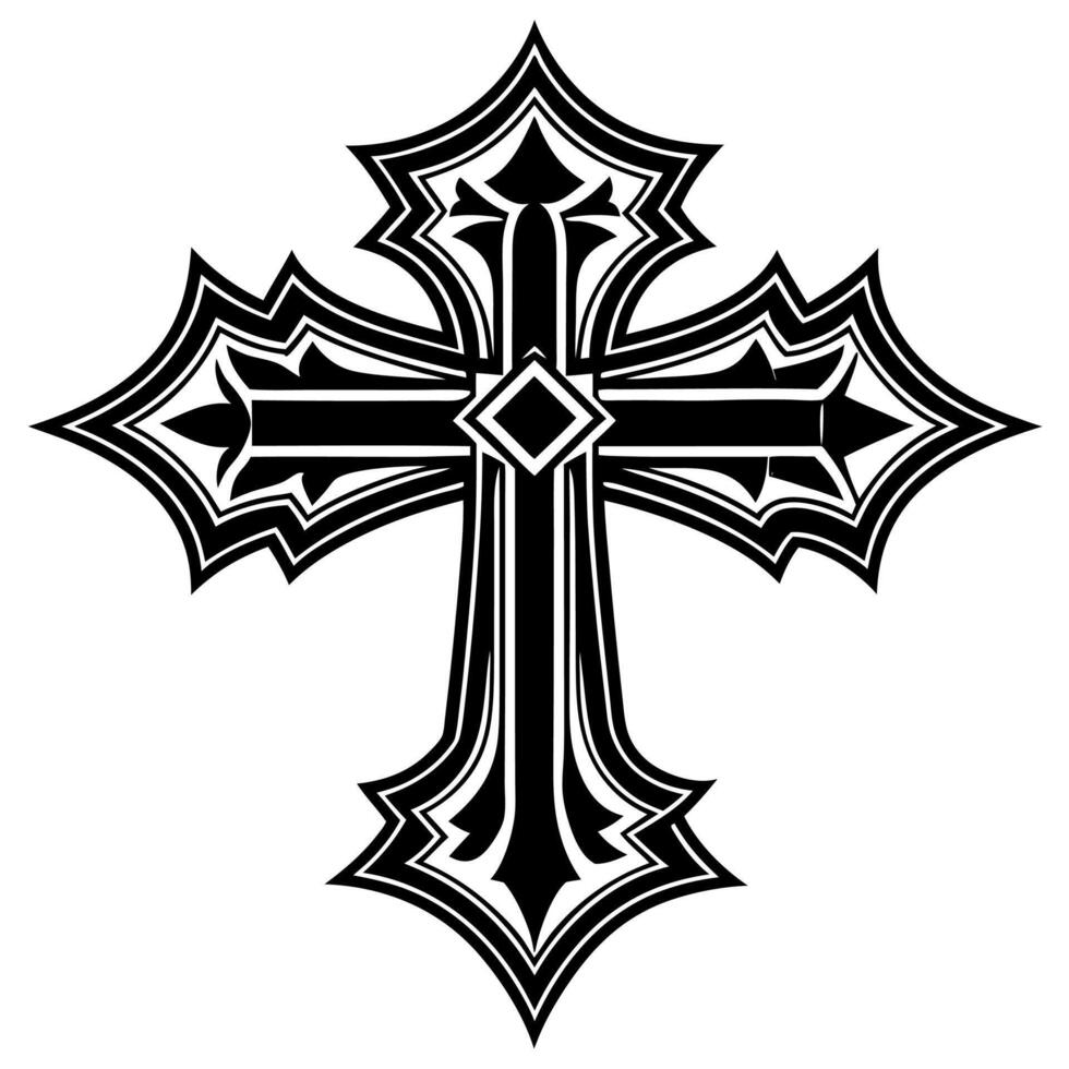 Intricate Gothic Cross Symbol Design in Black and White Art vector